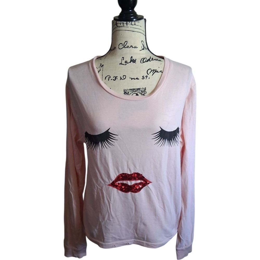 On Fire Pink Sequin Lip Long Sleeve Top 1X